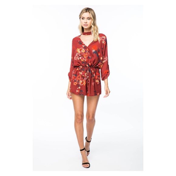 Red Floral Long Sleeve Drawstring Choker Romper - Picture 3 of 7